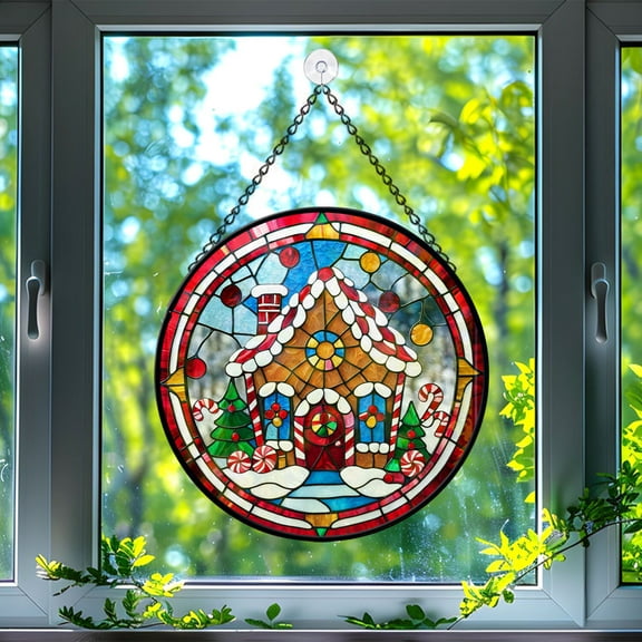 Gingerbread House Stained Glass Suncatcher, Gingerbread House Glass Suncatchers for Windows For Merry Christmas