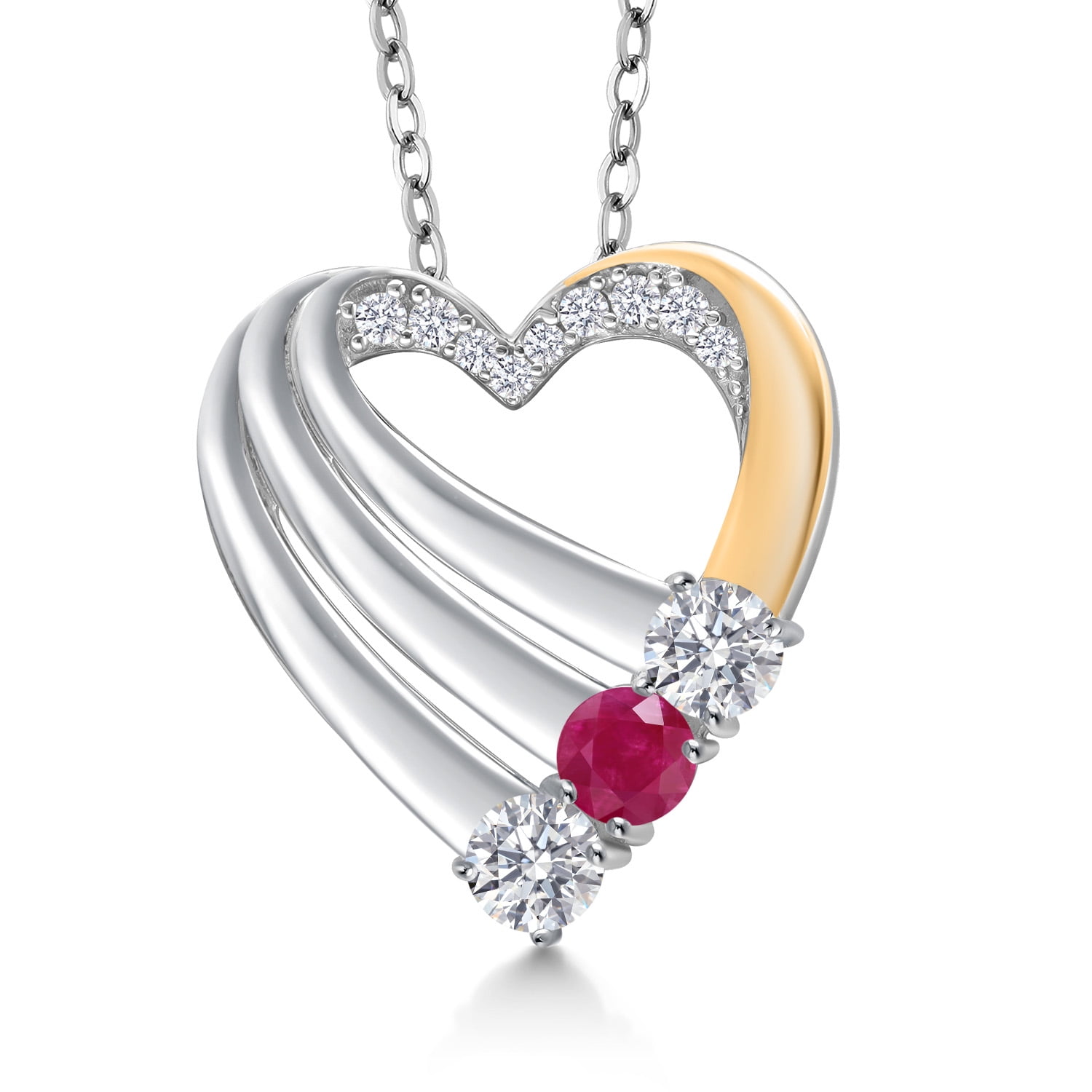 Gem Stone King 925 Silver and 10K Yellow Gold White Lab Grown Diamond and Red Ruby Heart Pendant for Women | 0.99 Cttw | Gemstone April Birthstone | With 18 inch Chain