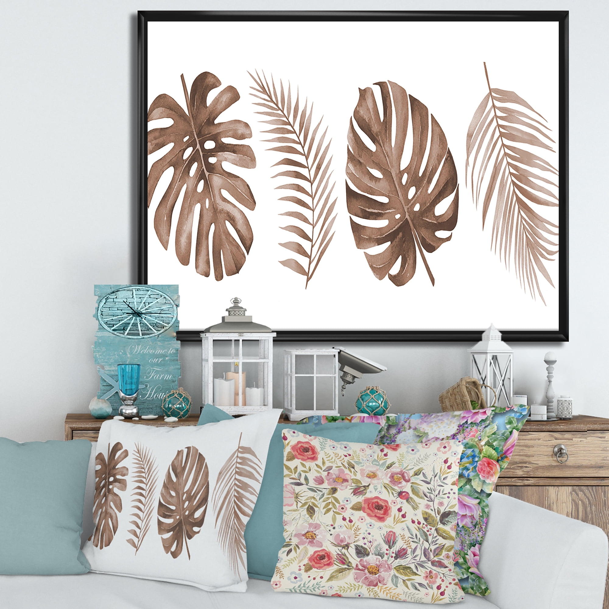 Designart 'Tropical Palm and Monstera Leaf In Terracotta' Traditional Framed Canvas Wall Art Print