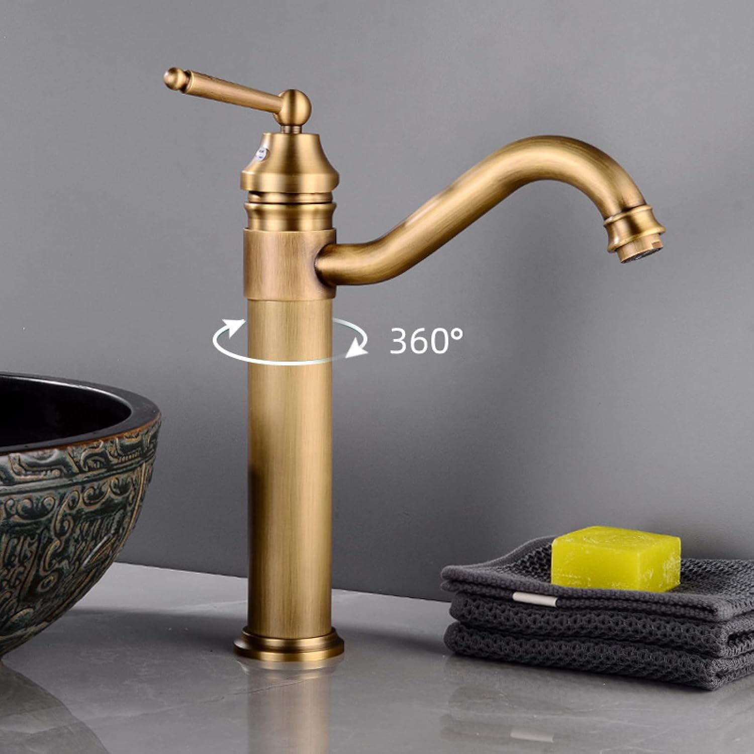 Vintage Sink Faucet Bathroom, 360° Swivel Bathroom Sink Faucet, Antique Brass, Single Handle Bathroom Faucet, Cold/Hot Water Basin Tap High, Gold