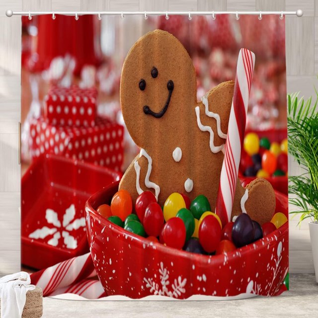 Red Cute Gingerbread Cookies Decor Shower Curtain,Brown Christmas Candy Canes Bathroom Decor Polyester Fiber Plastic Rings Quick-Drying Waterproof for Bathtubs/Bathroom, 72x72 inches
