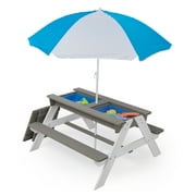 3-in-1 Kids Outdoor Wooden Picnic Table With Umbrella, Sand & Water Play, Gray