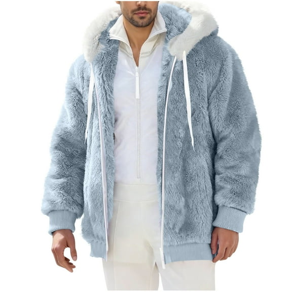 Men's Winter Coat Hooded Long Sleeve Fleece Lined Zip Up Solid Jacket With Pockets Light Blue 3XL