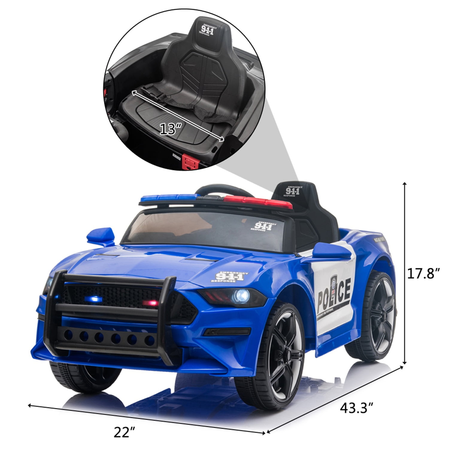 CIPACHO 12V Kids Ride On Car, Police Sports Car with 2.4GHZ Remote Control, LED Lights, Siren, Microphone, Blue
