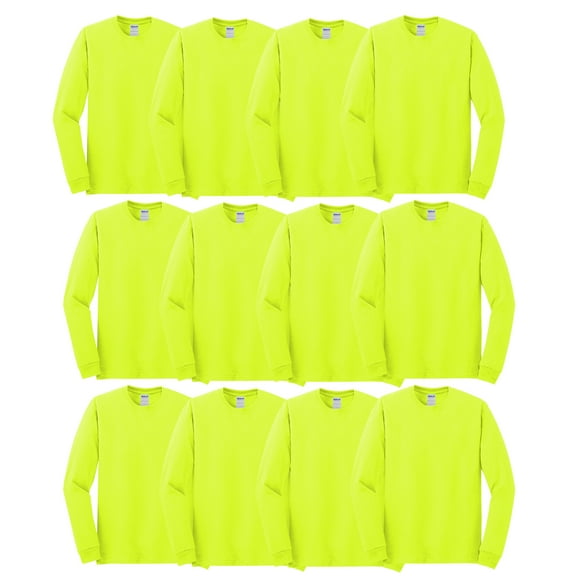Gildan Heavy Cotton Men Hi Vis Workwear T-Shirt, Long Sleeve Crewneck 12 Pack Safety Green Tee, L