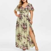 Jophufed 2022 Women's Plus Size Dress Bohemian High Slit V-neck Maxi Dresses Short Sleeve Floral Flowy Sundress Party with Empire Waistline