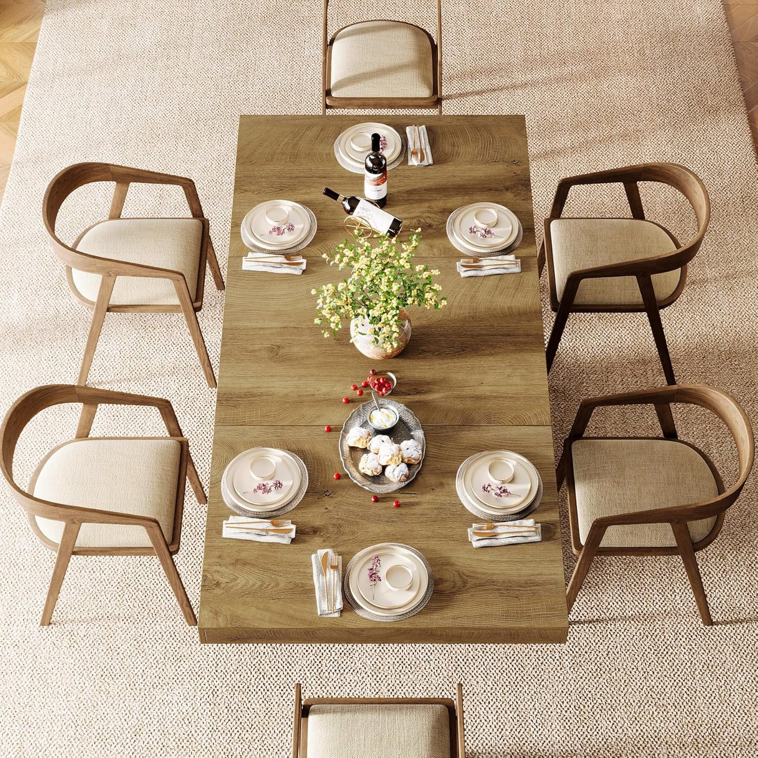 Fnova 63" Farmhouse Dining Table for 4-6 People, Wooden Rectangular Kitchen Table with Geometric Relief Pedestal Base, Easy to Assemble