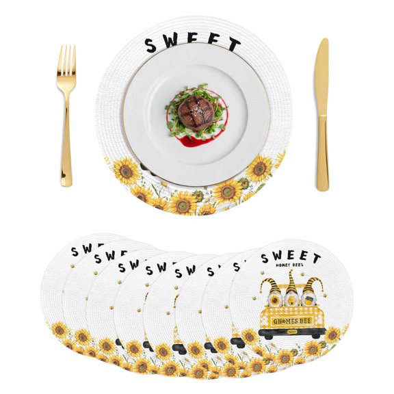 Gnomes Sunflowers Round 13 Inch Placemats Set of 8, Country Yellow Floral Bees Daisy HeatResistant Non Slip Place Mats for Dining Table, Wipeable Braided Kitchen Table Mats for Housewarming