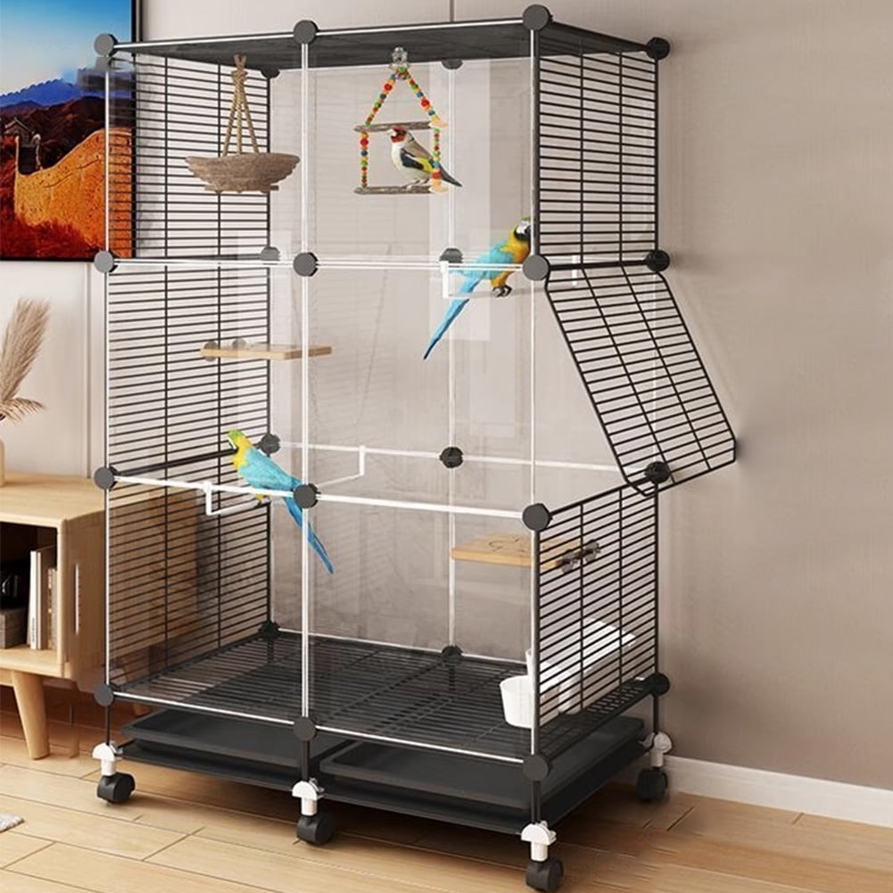 golytefs Bird Cage Universal Wheel Metal Parrot Cage with Stand Tray Swing Ladder (Black)