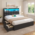 thumbnail image 3 of Upholstered Bed Frame Queen Size with Storage Headboard, 4 Drawers and Charging Station, Wooden Platform Bed Frame with LED Lights, PU Leather Queen Storage Beds for Bedroom, Black, 3 of 9