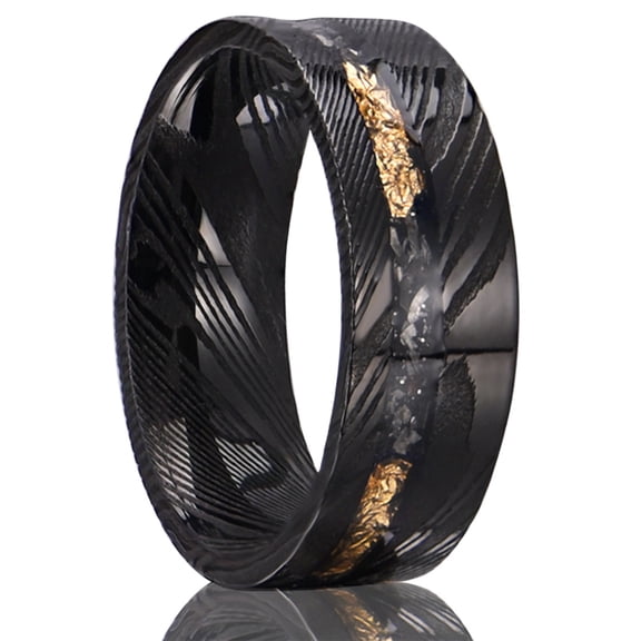 Flat Electric Black Damascus Steel Ring with Meteorite Gold and Platinum Men's Ring.