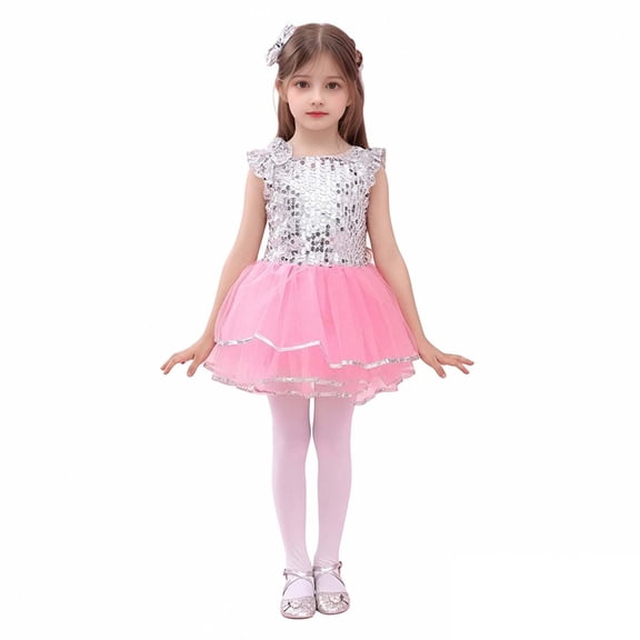 Kids Dance Sparkly Dance Puff Sleeve Tutu Dress Outfit Set Dance Clothes Dance Performance Outerwear 7-8 Years