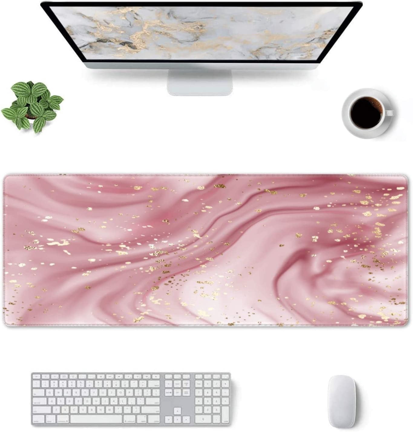 Pink Glitter Marble Gaming Mouse Pad XL, Extended Stitched Edges Mousepad, Large Mouse Mat Desk Pad, Long Non-Slip Rubber Base Mice Pad（31.5x12 Inch）