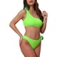 thumbnail image 4 of Conjuntos de bikini de una sola manga con flores en 3D para mujer, traje de baño asimétrico de 2 piezas en verde fluorescente medio, 4 of 5