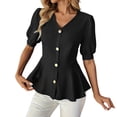 thumbnail image 2 of Mifsaly Womens Peplum Tops V Neck Puff Sleeve Button Down Shirts Ruffle Hem Fitted Waist Summer Casual Elegant Tunic Top Black,XL, 2 of 7