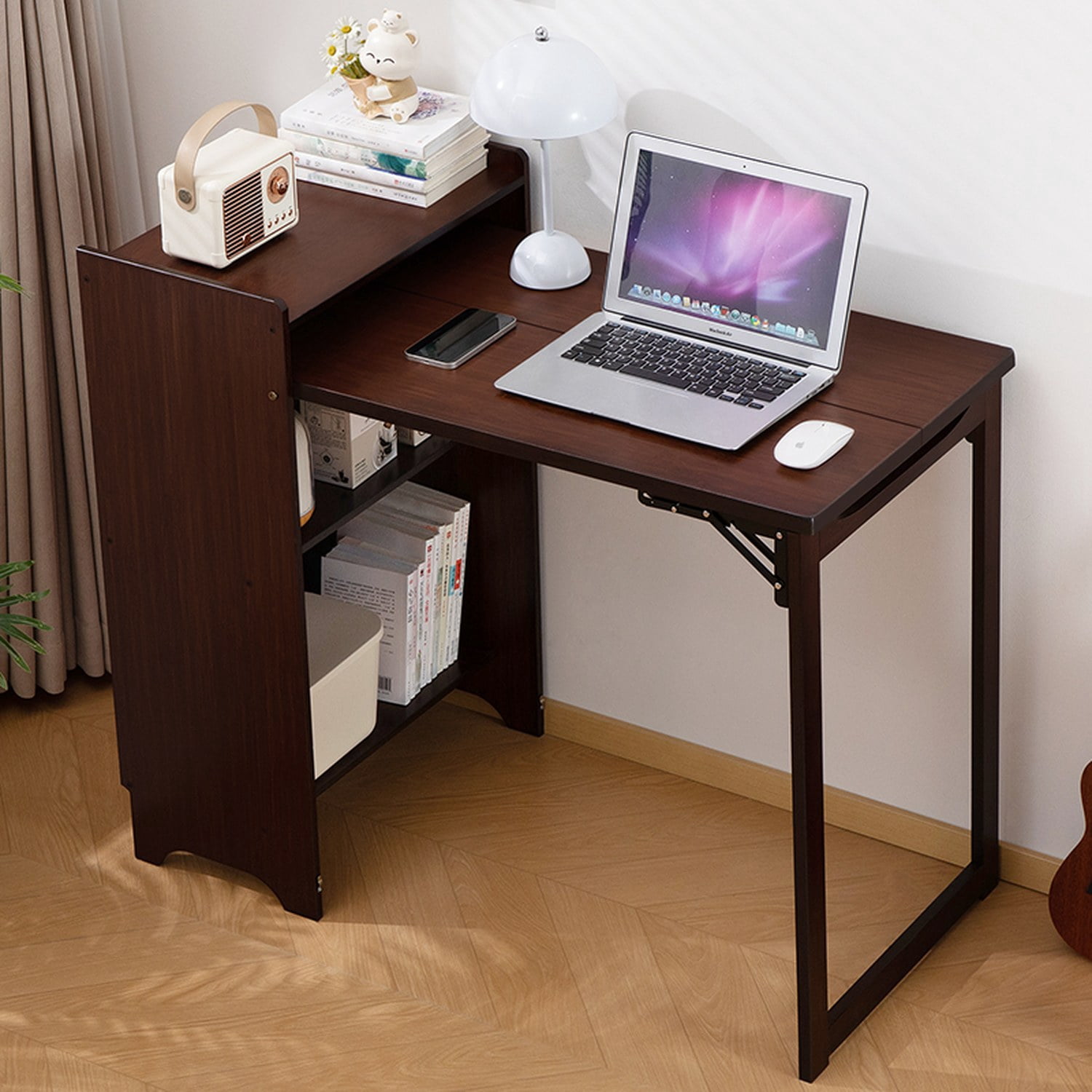 Bamboo Folding Desk, Foldable Desk for Small Space, Computer Desk with Hidden Storage, Mid Century Foldable Table for Home Office and Bedroom (Walnut Brown)
