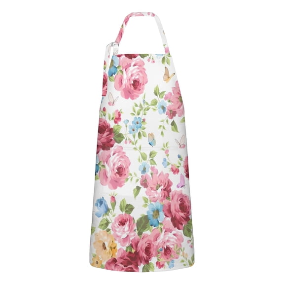 Pioneer Flower Floral Print Pattern Apron-Garden Aprons for Women with Pockets-Cotton Linen Waterproof Kitchen Cooking Gardening Aprons Adjustable for Kitchen,Cooking,BBQ and Salon 33x27 Inch