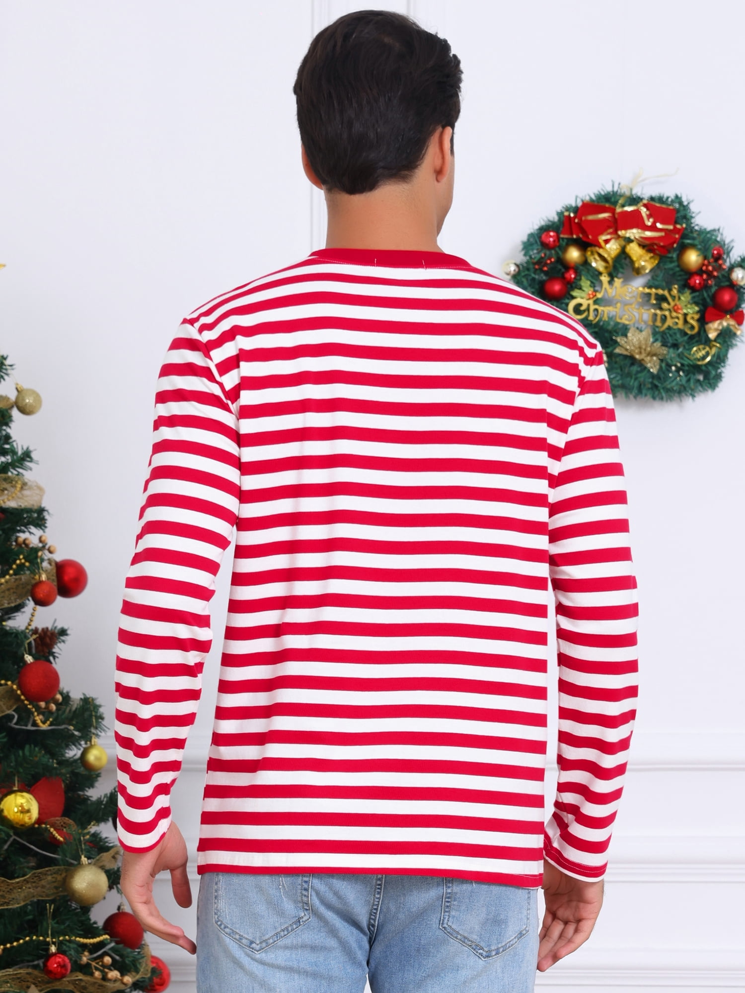 DARING DIVA Men's Striped Sweatshirts Stripes Long Sleeve Casual T-Shirt S Red White