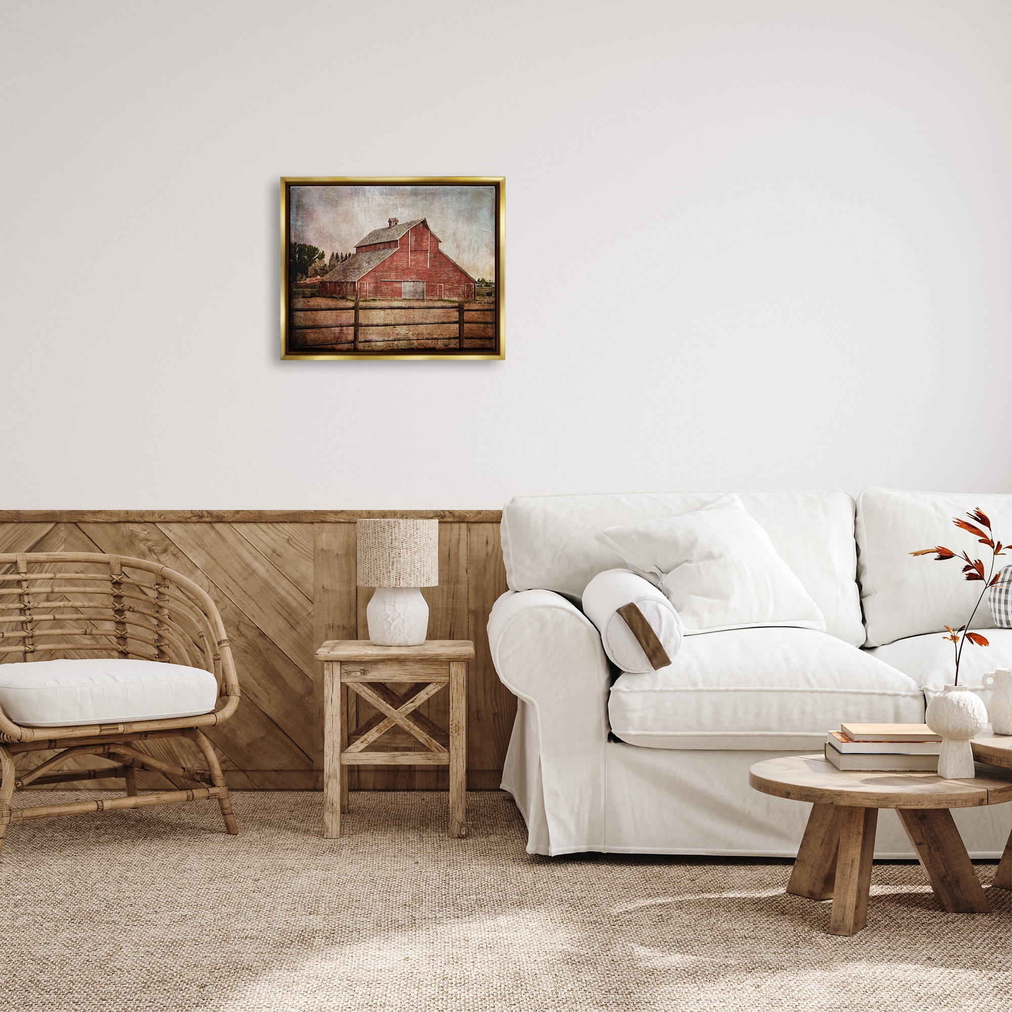 Stupell Industries Vintage Rustic Barn Landscape Painting Gold Floater Framed Canvas Art Print Wall Art, 21 x 17