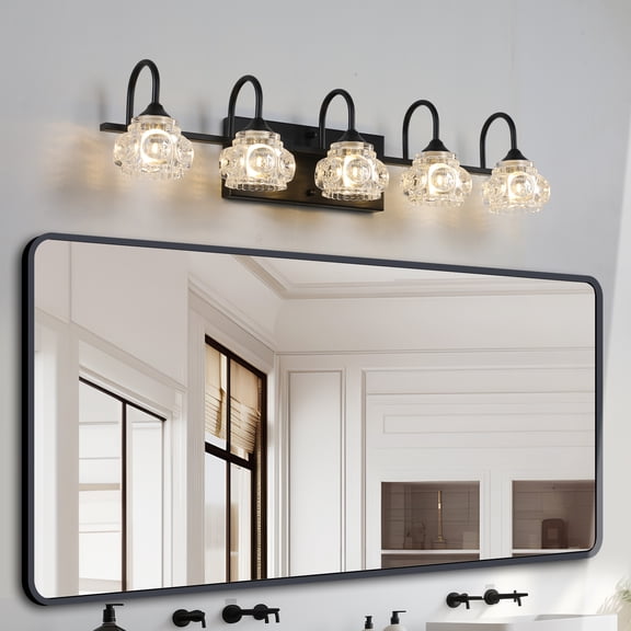 29" Retro 5-Light Bathroom Vanity Light Fixture - Black Finish with Crystal Glass Shades, Wall Mounted Lighting for Bathroom, Powder Room, and Vanity Mirror (No Bulbs)