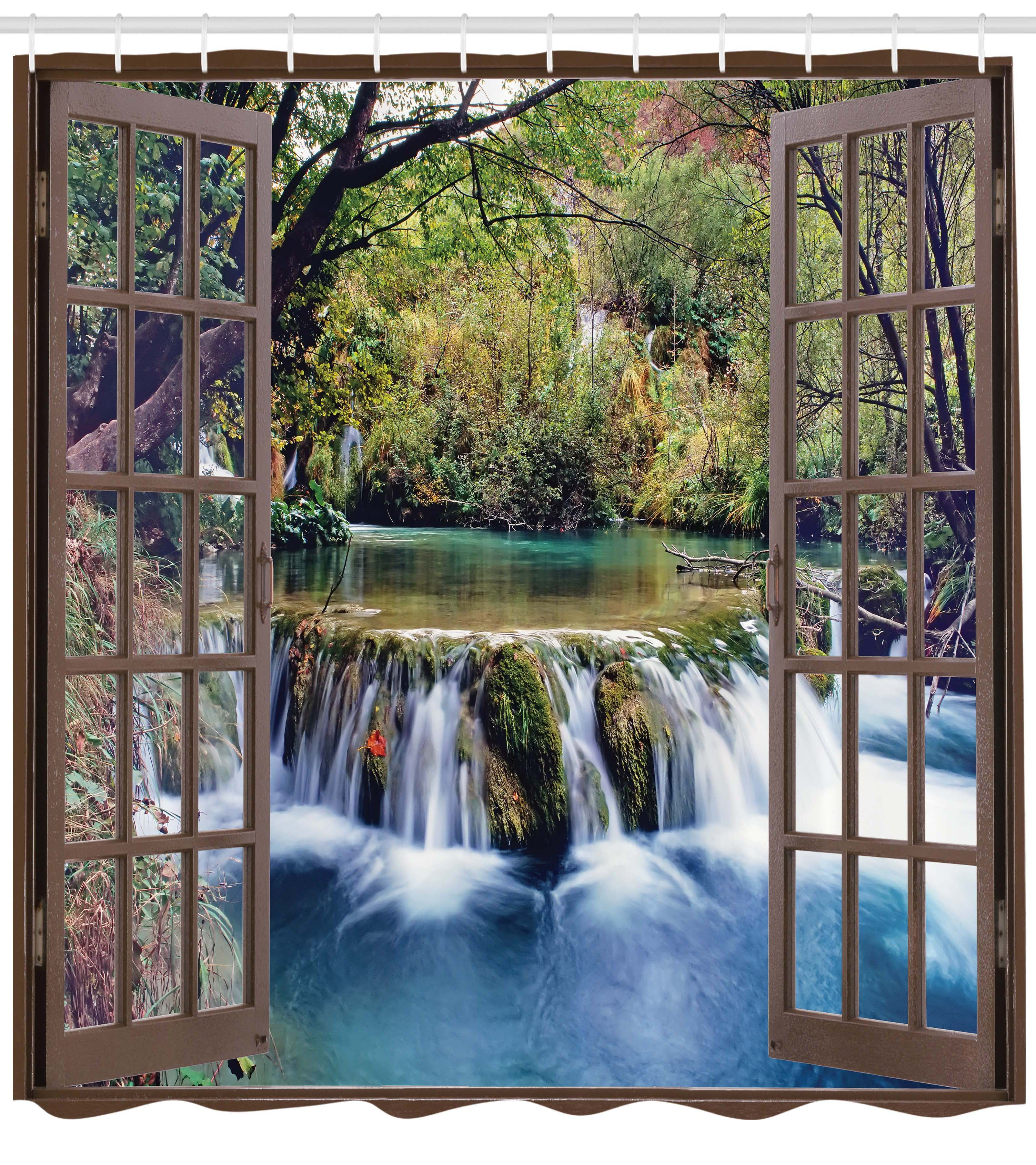 Waterfall Shower Curtain, Wide Waterfall Deep down in the Forest Seen