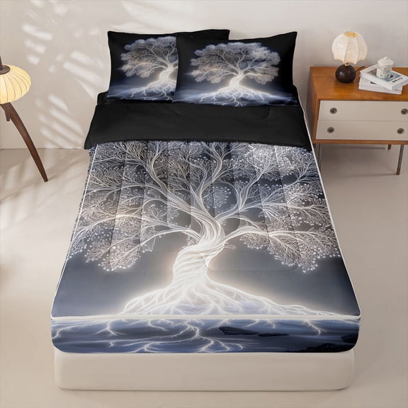 Homewish Neon Tree Of Life Zipper Twin Comforter Sets with Fitted Sheet and 2 Pillowcases,Magic Tree Zipper Bedding Set,Black Reversible,4 Pieces