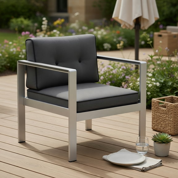 Topcobe Contemporary Sofa Chair with WPC Armrests and Back Cushions, Outdoor Patio Furniture for Balcony Garden Backyard-Gray