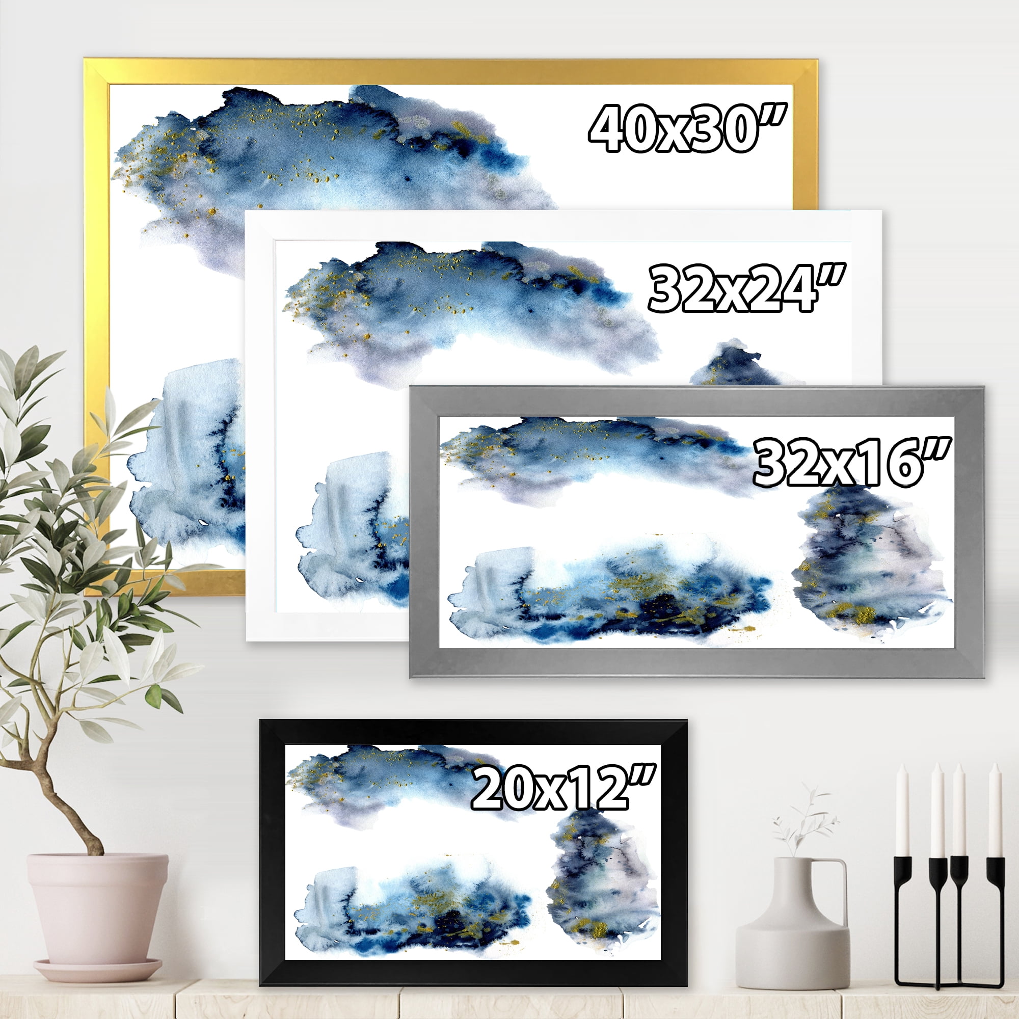 Designart 'Gray and Blue Clouds With Golden Glitter' Modern Framed Art Print