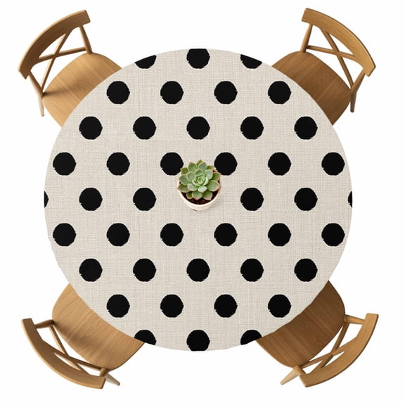 Round Fitted Tablecloth with Elastic Black White Polka Dots Tablecloths Waterproof Oil Proof Cute Solid Color Linen Table Cover for Kitchen Dinner Party Picnic Fits Tables up to 36"- 44" Diameter