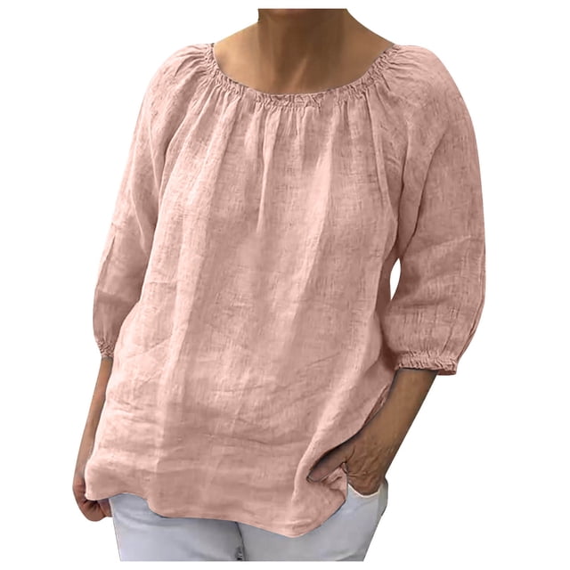 AherBiu Hauts Grande Taille pour Femmes Manches 3/4 Chemises d'Été en Coton et Lin Décontractées Coupe Ample Col Rond