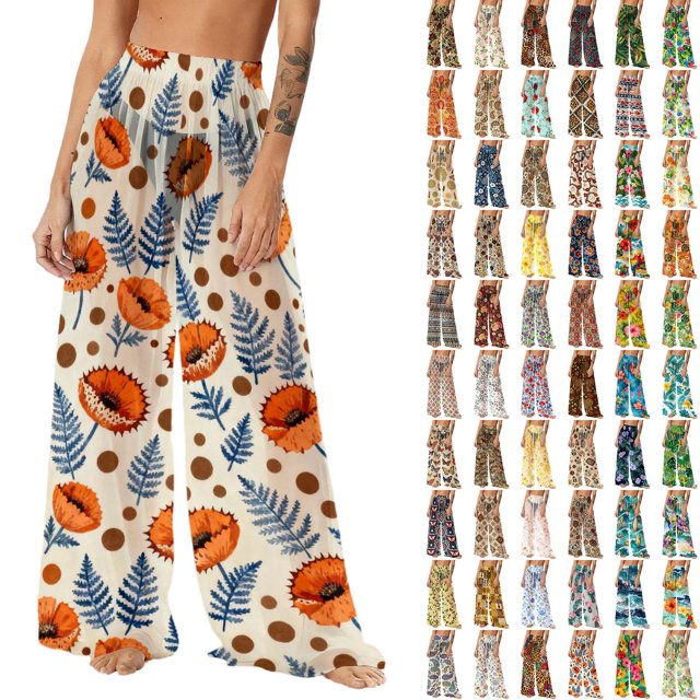 Pincandy Women See Through Sheer Mesh Pants Beach Swimsuit Bikini Bottom Cover up Party Club Elastic High Waist Wide Leg Pants