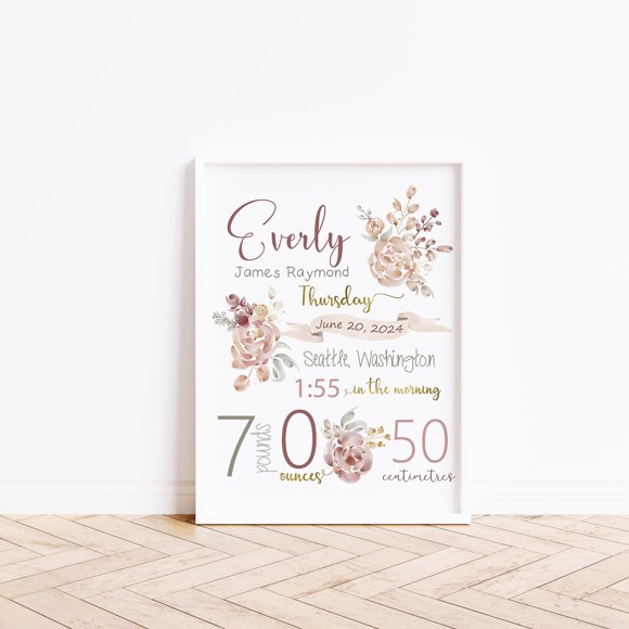 Framed Print, Floral Birth Stat, Baby Gift, Gift for new parents, by Oak & Alder