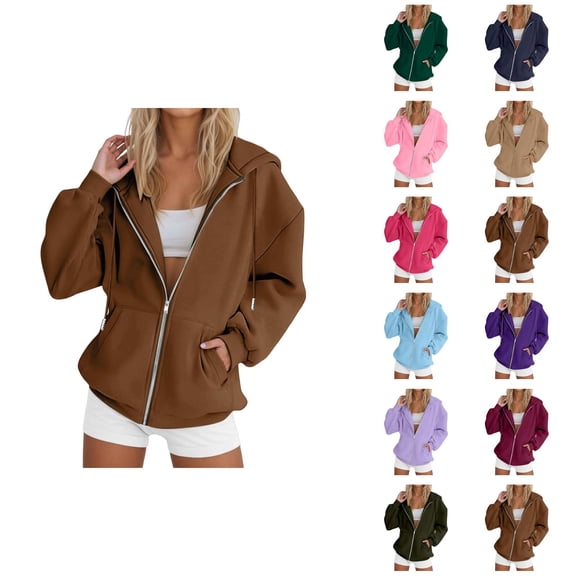 Women's Zip Up Hoodie 2025 Casual Long Sleeve Solid Color Hooded Sweatshirt with Pockets Jacket Coat