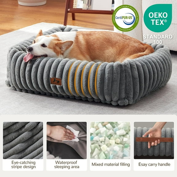Orthopedic Dog Bed for Small Medium Dogs - Washable Rectangle Corduroy Fleece Pet Bed with Removable Cover and Nonskid Bottom, Calming Puppy Bed Soft Pet Sofa, Grey(30x24x8inchs)
