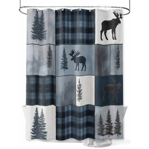 Bear Moose Shower Curtain, Blue Retro Forest Wild Animal Buffalo Plaid Patchwork Waterproof Shower Curtain Set with 12 Hooks Lightweight Washable Fabric Shower Curtains for Bathroom 72x84 Inches