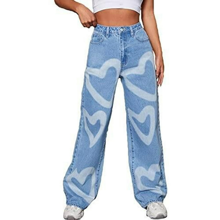 Womens Casual Wide Leg Denim Pants High-Waisted Heart Print Loose Straight  Leg Jeans Pants Summer Long Denim Trousers(L,Light Blue)
