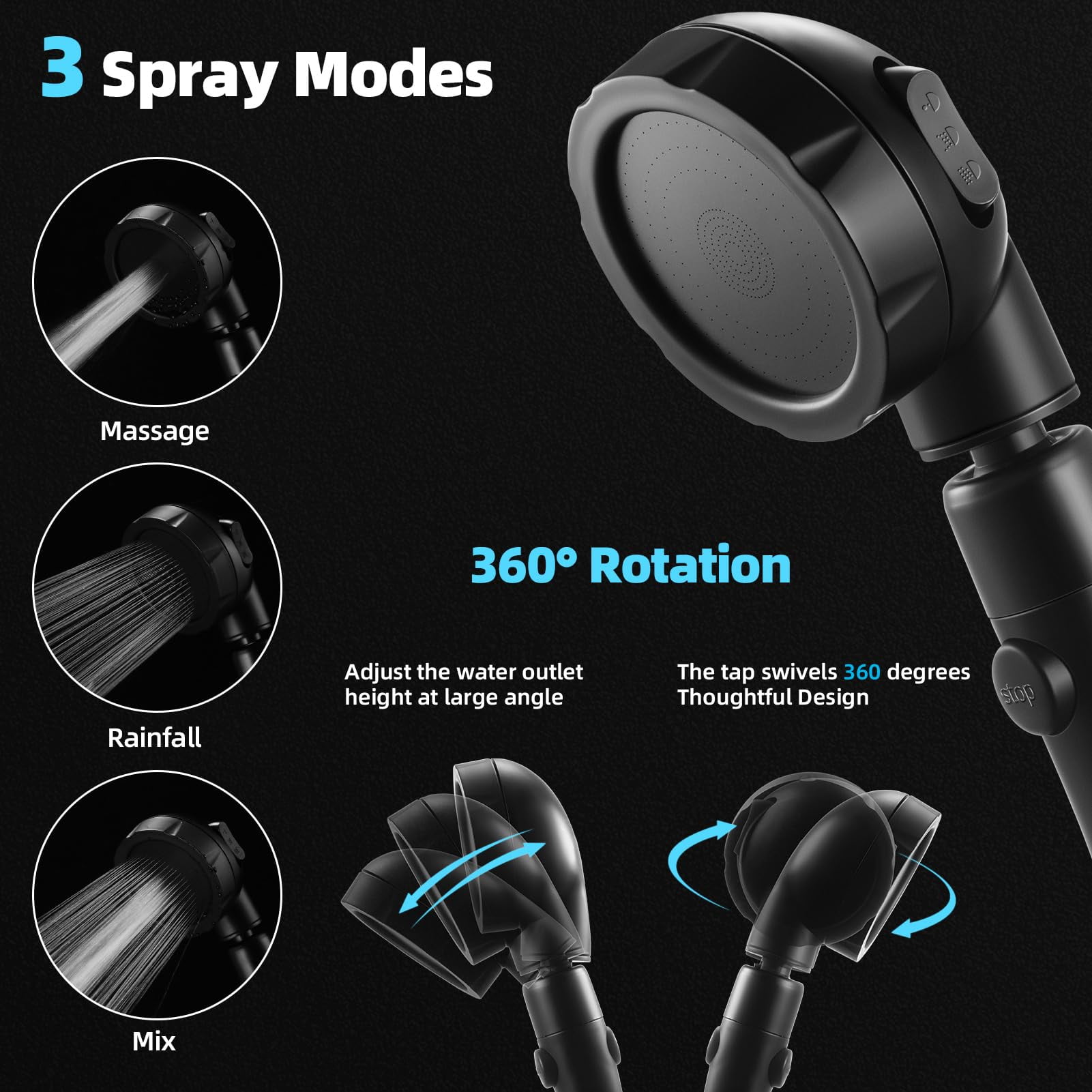 High Pressure Shower Head, 3-Settings Handheld Showerhead with ON/Off Full Shutoff Push Button and Switch to Control Flow, Angle-Adjustable Water Saving Body Sprays