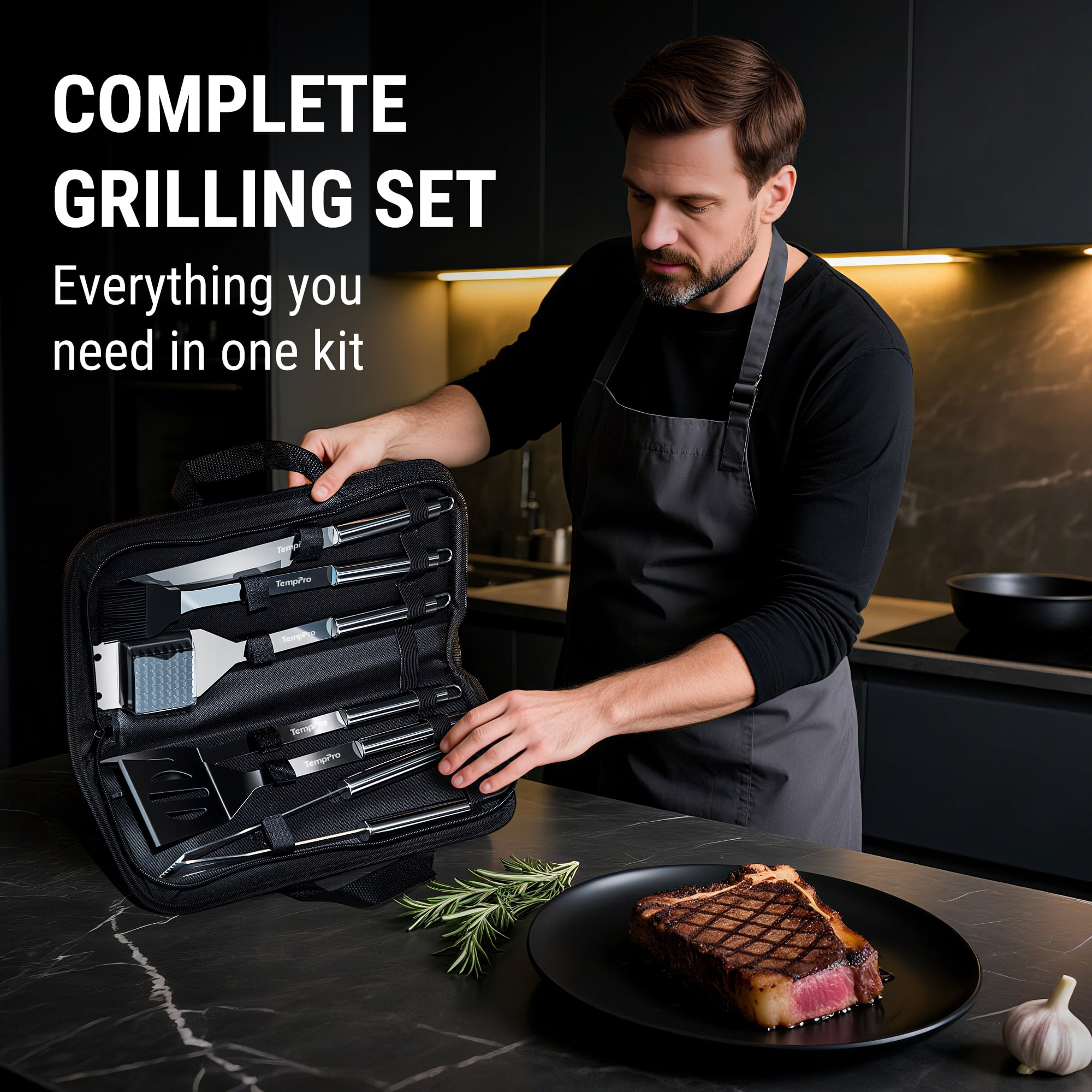 TempPro BBQ Grill Tool Set, 6-Piece Stainless Steel Grilling Accessories with Spatula, Tongs, Fork, Knife, Basting Brush, Cleaning Brush and Portable Storage Bag (Formerly ThermoPro)