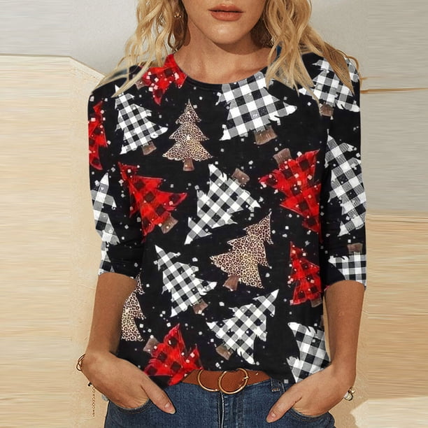 Puntoco Camiseta de mujer con cuello redondo, manga 3/4 y estampado navideño, jersey de cuello redondo, camiseta de manga larga con cuello redondo