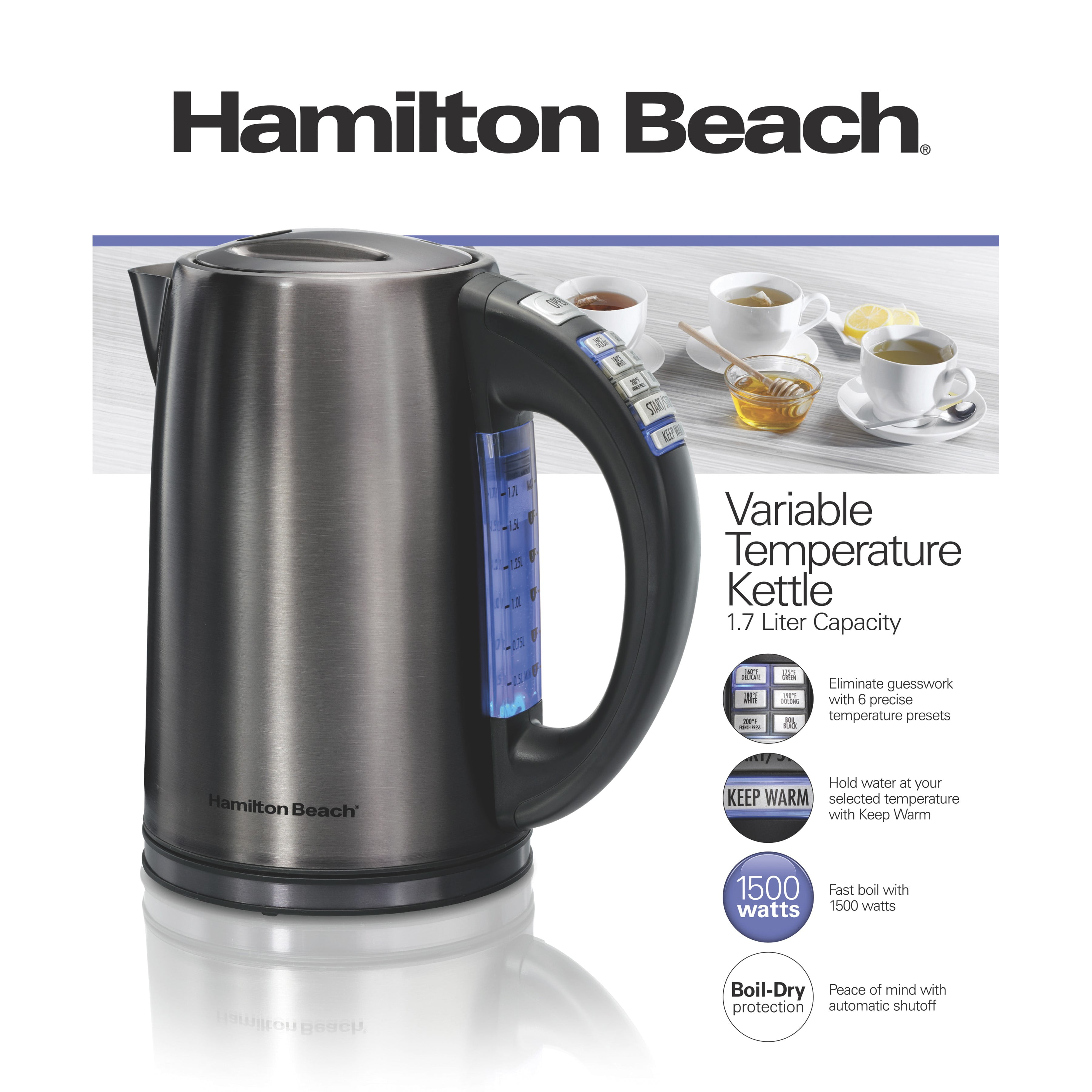  Hamilton Beach Temperature Control Electric Tea Kettle, Water  Boiler & Heater, 1.7 Liter, Fast Boiling 1500 Watts, BPA Free, Cordless,  Auto-Shutoff and Boil-Dry Protection, Stainless Steel (41020R): Home &  Kitchen