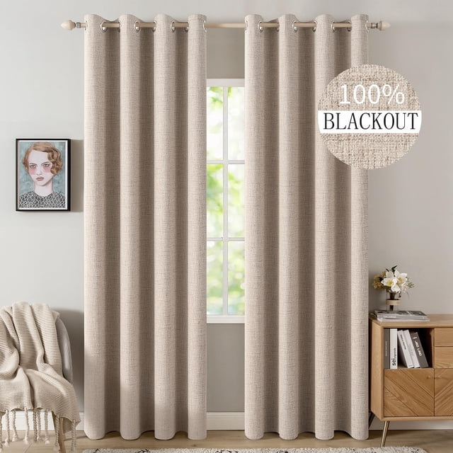 Cortinas opacas MIULEE de lino texturizado 100% térmico, color beige, 132 x 244 cm