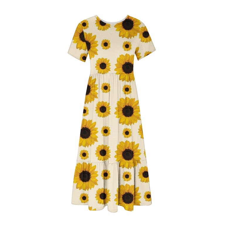 ladies sunflower dress Perfect for casual outings Womens Sunflower Tiered Swing Midi