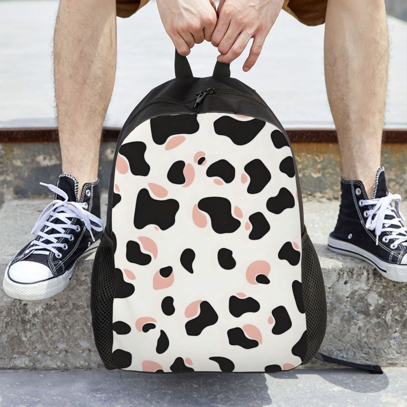 Single Side Full Backpack 16.1×11.8×4.5in Large Capacity Breathable Shoulder Belt Leisure Simple And Strong Bearing Capacity Simple Cow Print Pattern White Background, Pink And White_2