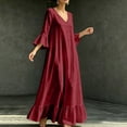 thumbnail image 4 of QUNYINEY 3/4 Sleeve Dresses for Women 2026 Casual Flowy Red Maxi A Line Dress Loose Fit Vacation with Pockets V Neck Dresses, 4 of 9