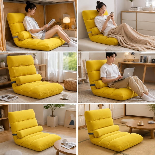 Silla de suelo con respaldo, sillas plegables, silla cómoda y suave para juegos, sala de lectura con sofá reclinable plegable de 5 posiciones. Amarillo
