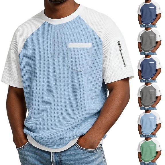 IhhxPro Men's Short Sleeve Button down Shirt Relaxed Fit Raglan T-Shirt Men with Pockets Waffle Knit Casual Top M-3XL