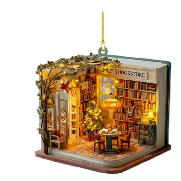 chaungfeng 3.15 Inches Christmas Bookstore Ornament, 2D Acrylic Miniature Bookshop Decor, Theme Tree Pendant, for Book Lover, Gift Exchange, Tree Hanging