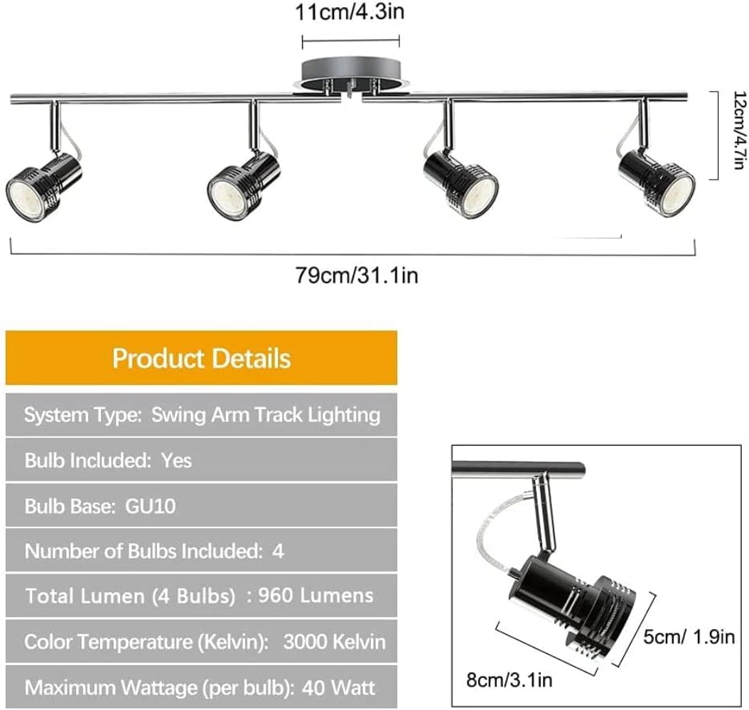 Depuley 4 Light Industrial Track Ceiling Spotlight Adjustable Rotatable Track Ceiling Light Fixture for Living Room Bedroom Kitchen Dining Hallway, GU10 bulb included