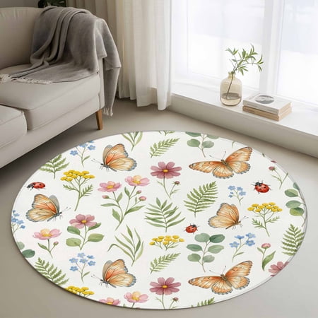 Round Area Rug 3ft Spring Watercolor Flower Butterfly Non-Slip Non-Shedding Floor Mat Pastoral Plant Floral Washable Sturdy Carpet for Living Room Bedroom Home Decor