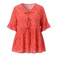 thumbnail image 4 of GRACE & GRANDEUR Women's Plus Size Ditsy Floral Blouse Tie Front V Neck Ruffle Sleeve Peplum Top Summer Babydoll Blouse 3X Red, 4 of 6